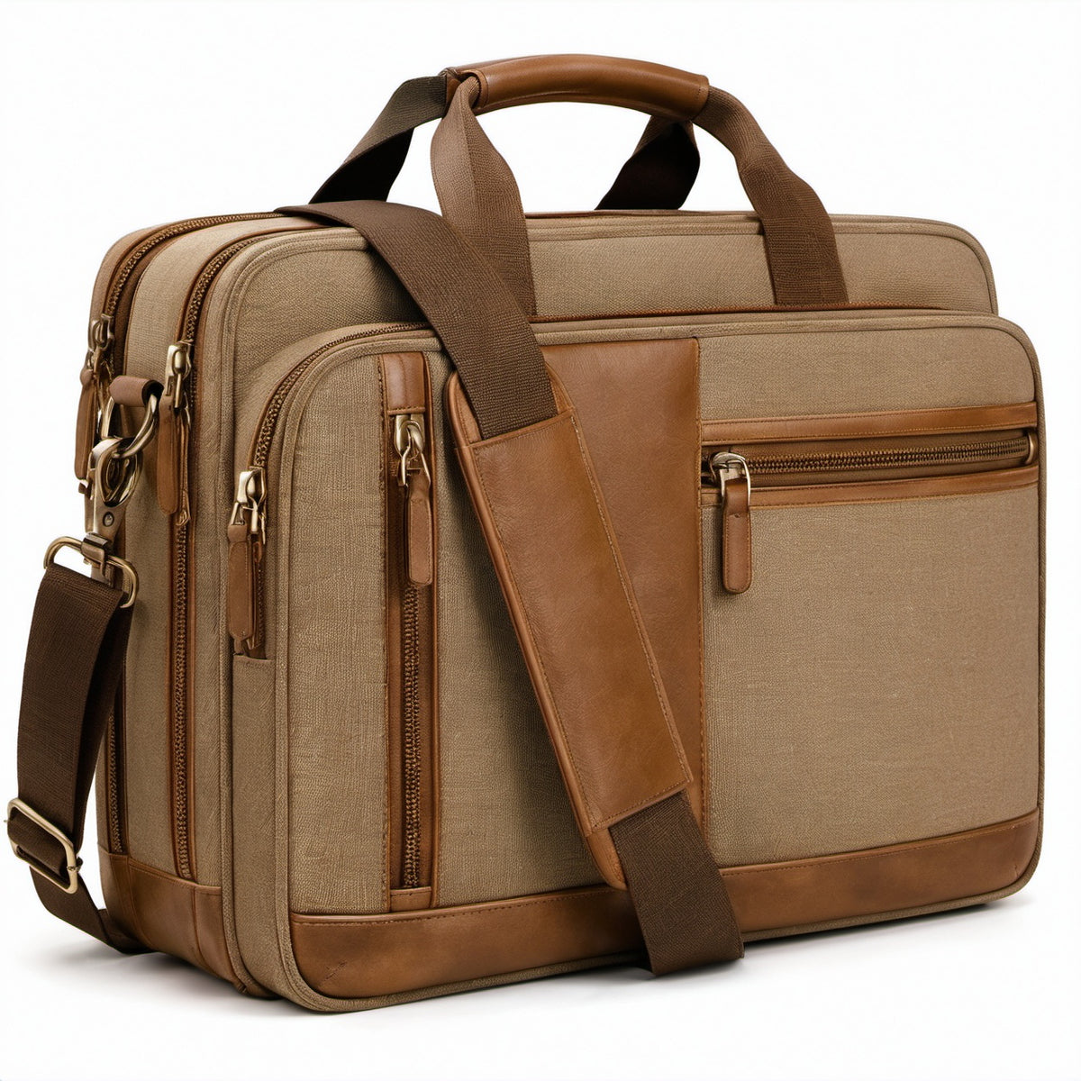 Aktentasche 42 cm aus Textil in Beige Braun mit Schultergurt und mehreren Fächern