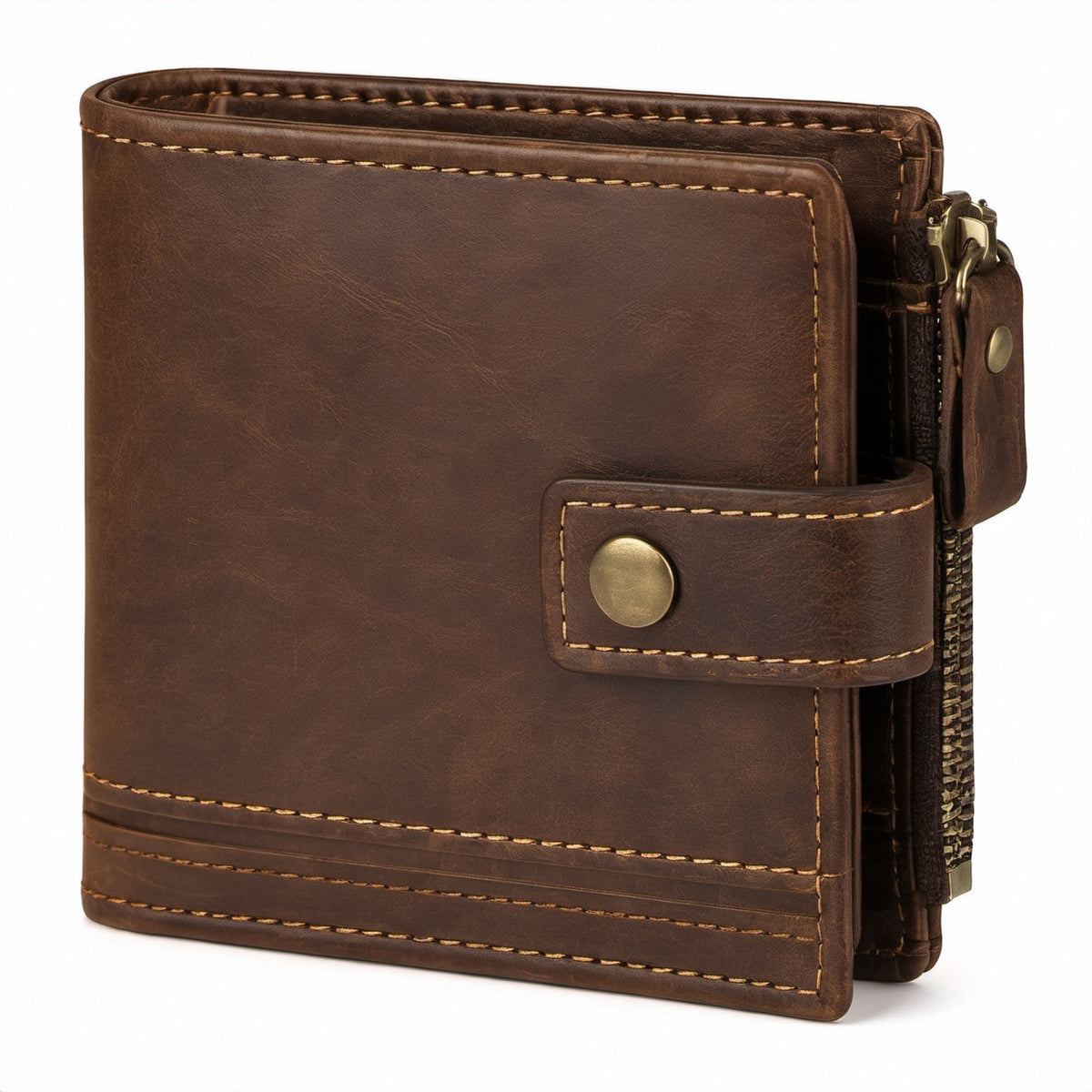 Geldbörse 12 cm x 10 cm aus Kunstleder in Braun mit Druckknopf und Reißverschluss
