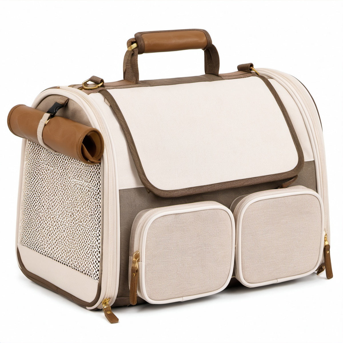 Haustier-Transporttasche 42 x 28 x 30 cm Textilgewebe Beige Braun mit Netzfenster und Tragegriffen