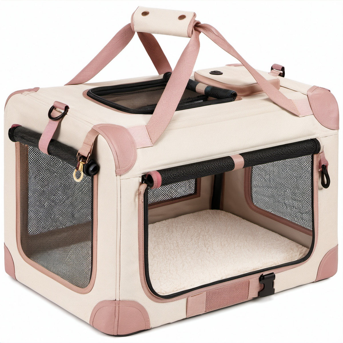 Faltbare Haustier-Transportbox 60 x 42 x 42 cm aus Polyester Beige Rosa mit Netzfenstern