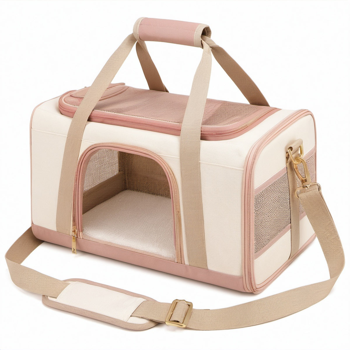 Haustier Transporttasche 45 x 28 x 30 cm Textil Beige Rosa mit Netzfenstern