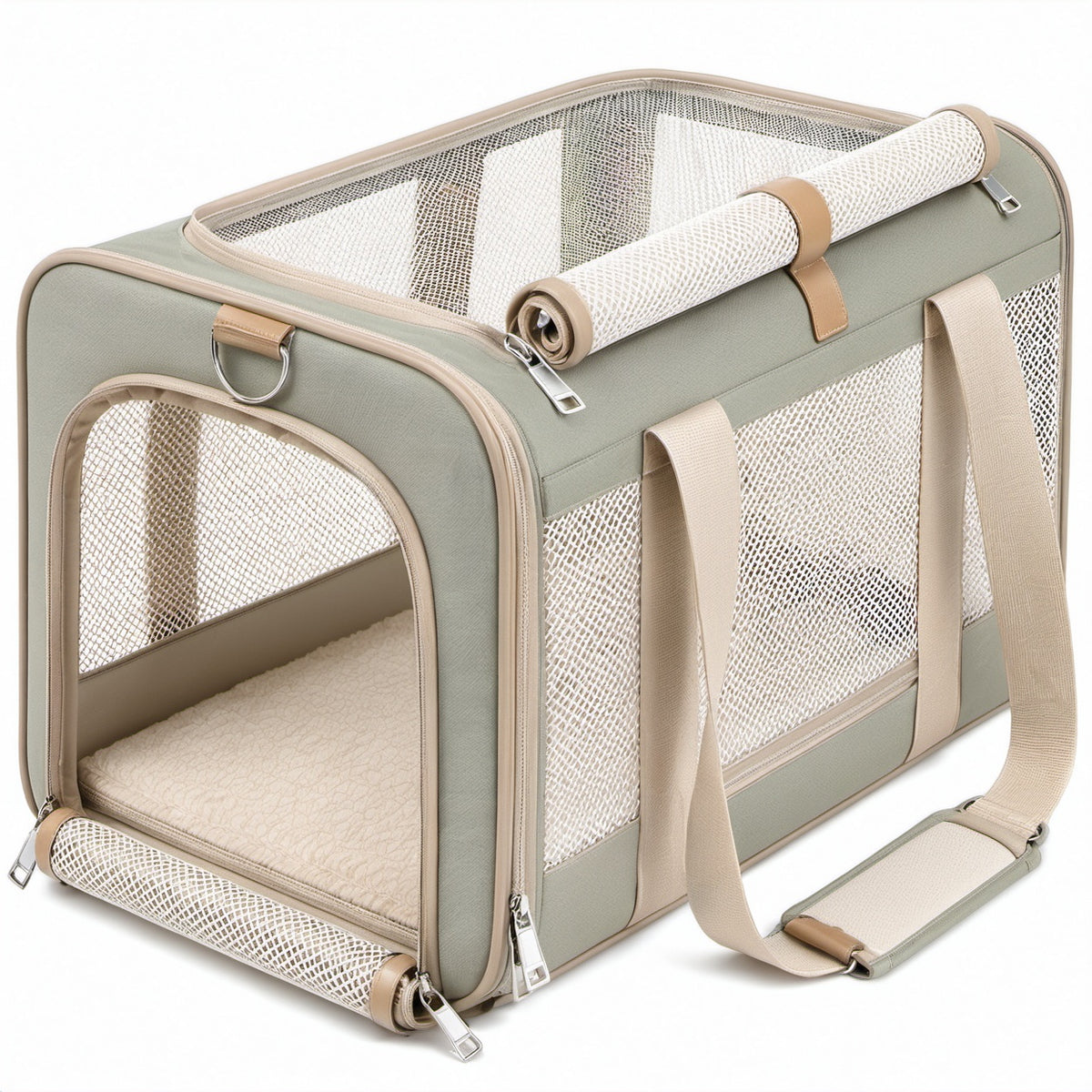 Haustier-Transporttasche 50 x 30 x 30 cm aus Polyester Salbeigrün Beige faltbar mit Netzfenstern