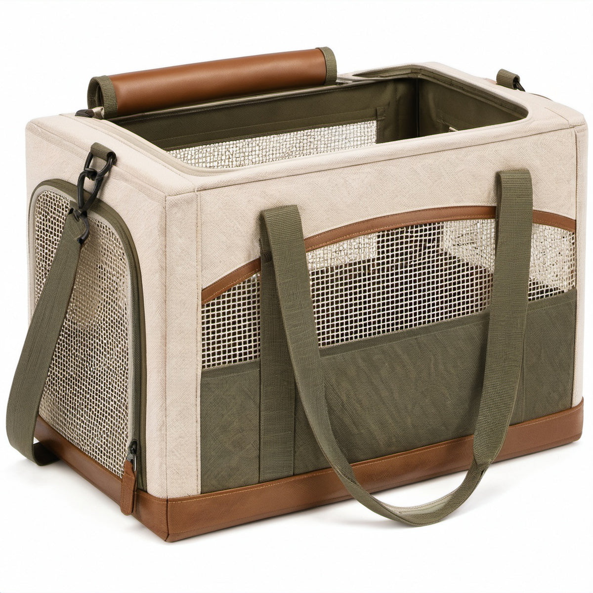 Transporttasche für Haustiere 45 x 28 x 30 cm Textil Beige Oliv mit Netzfenstern und Schultergurt