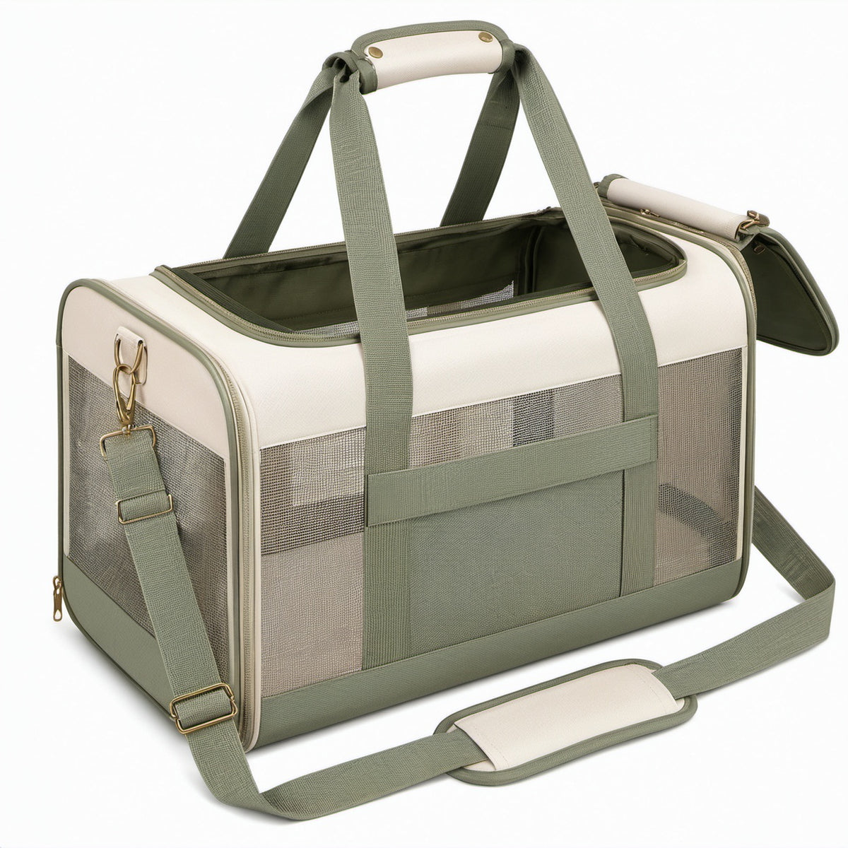 Haustier Transporttasche 45 x 28 x 30 cm Polyester Grün Beige mit Netzfenstern und Schultergurt