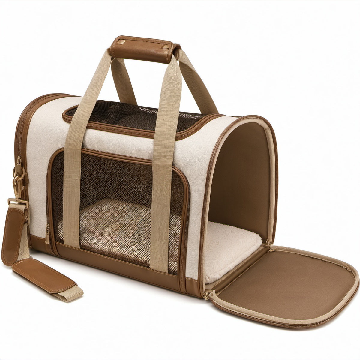 Tiertransporttasche 45 x 28 x 28 cm Textil Beige Braun mit Netzfenstern und Schultergurt