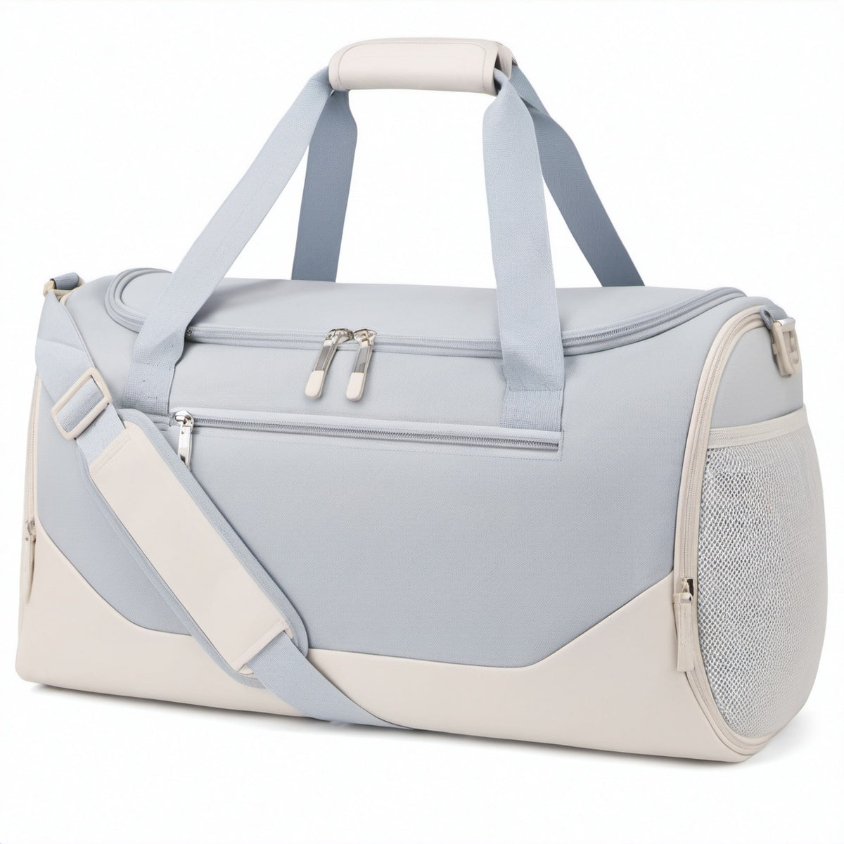 Sporttasche 45 x 25 x 25 cm aus Textil hellblau cremefarben mit Schultergurt und Reißverschlüssen