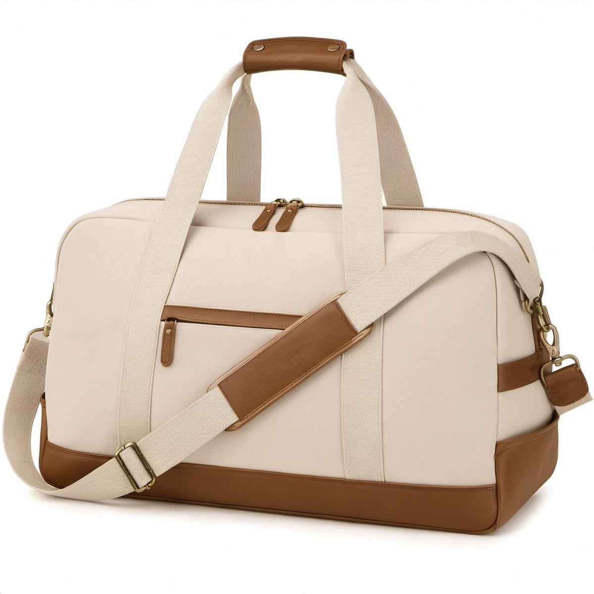 Reisetasche 50 cm Textil Beige Braun mit Schultergurt und Reißverschluss