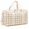 Reisetasche 45 x 25 x 30 cm aus Textil in Beige Weiß kariert mit Schultergurt