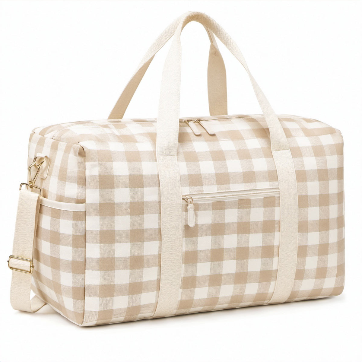 Reisetasche 45 x 25 x 30 cm aus Textil in Beige Weiß kariert mit Schultergurt