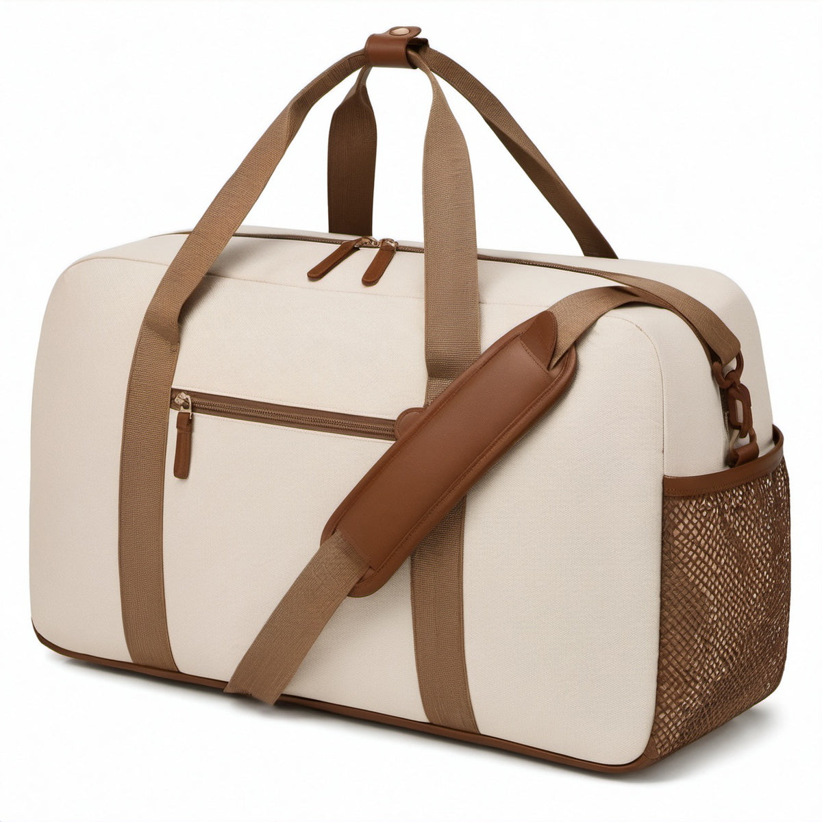 Reisetasche 50 cm Textil in Beige Braun mit Schultergurt und Reißverschluss