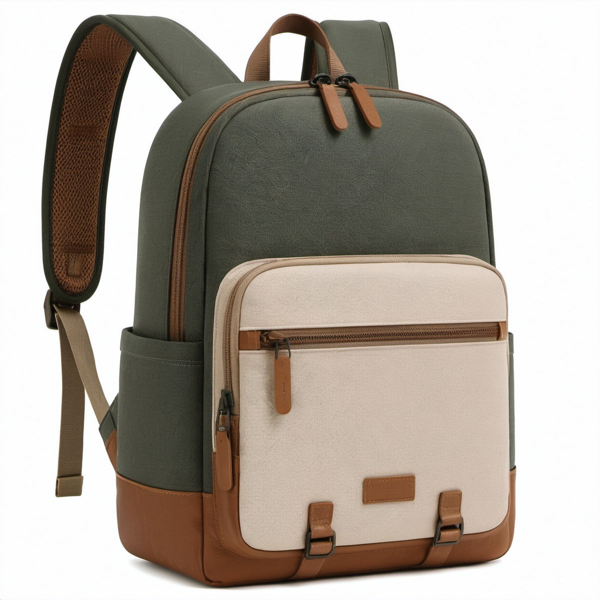 Rucksack 30 L aus Textilmaterial Grün Beige mit Kunstlederoptik für Alltag und Reisen
