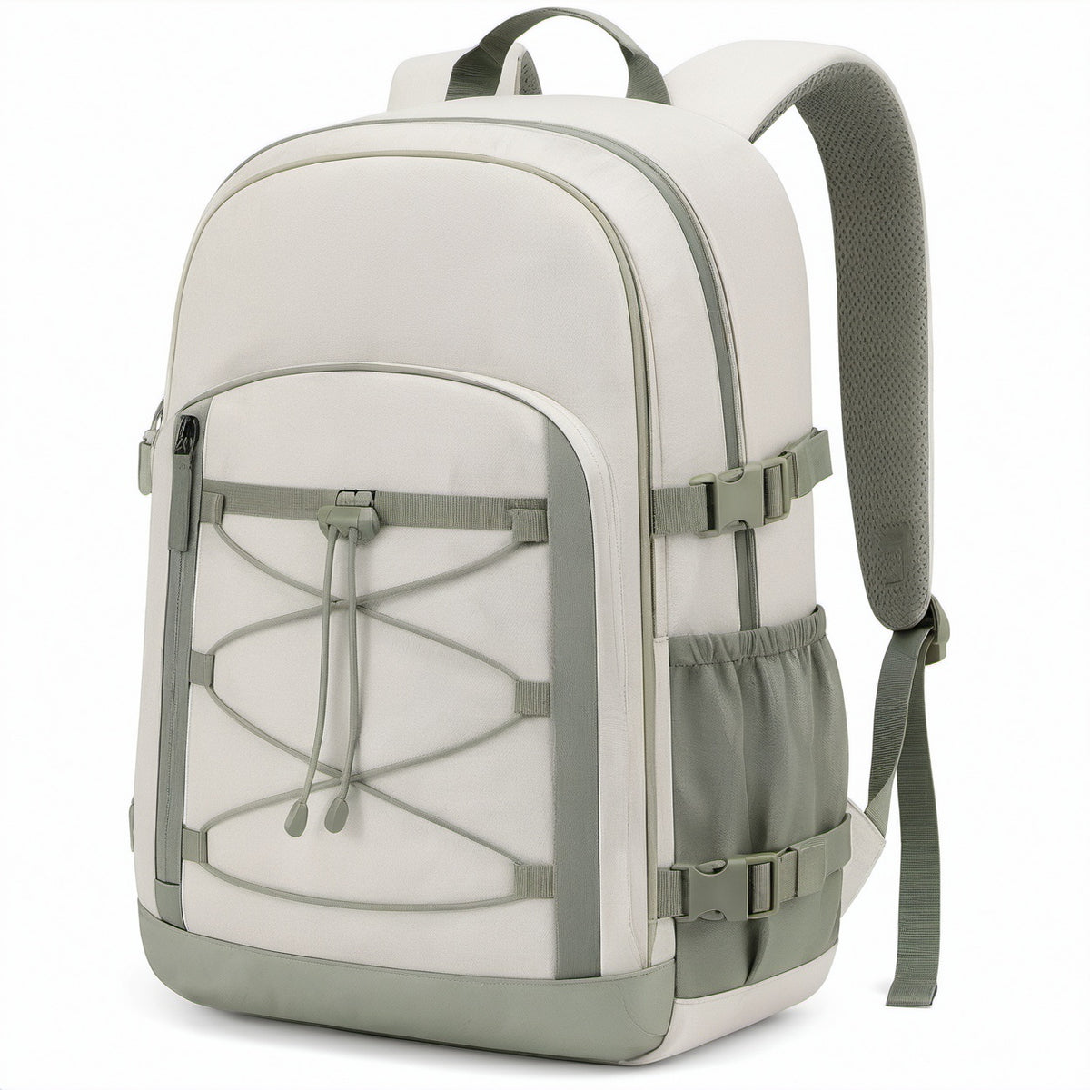 Rucksack 30 L aus Textil in Cremegrün mit Frontkordel und gepolsterten Trägern