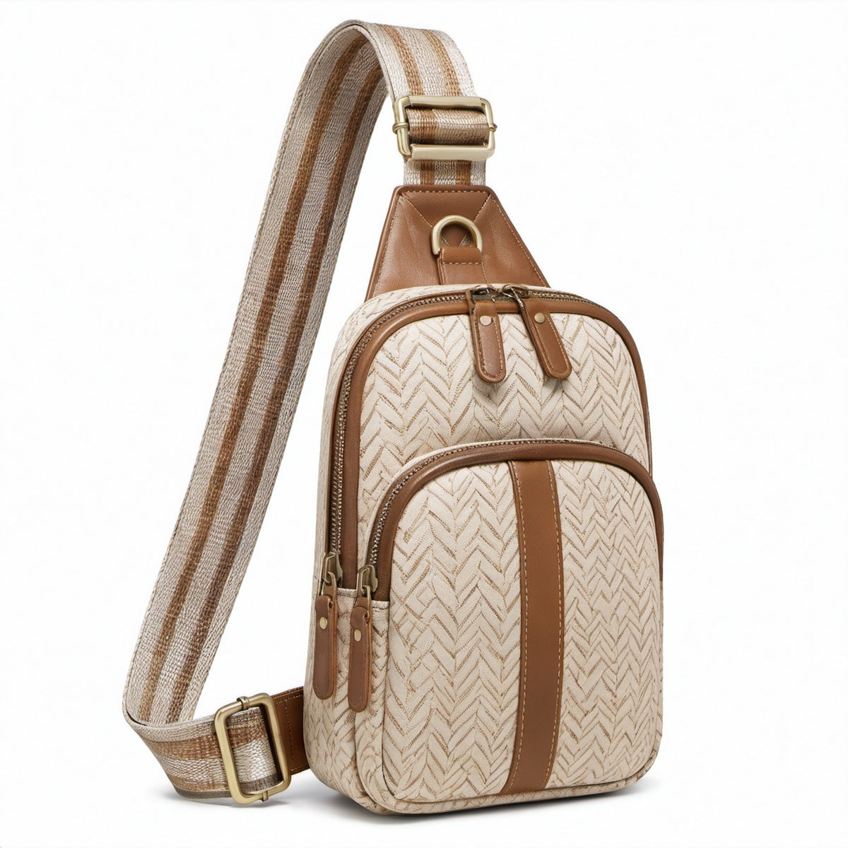 Umhängetasche 18 x 8 x 30 cm Textil Kunstleder Creme Braun mit verstellbarem Schultergurt