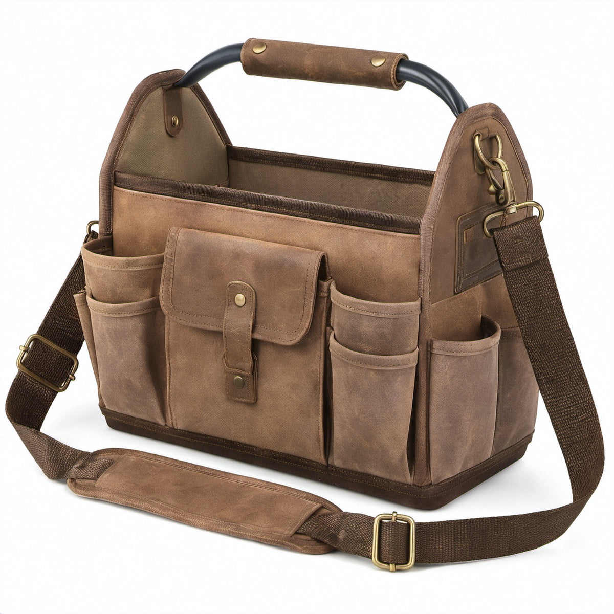 Werkzeugtasche 28 x 14 x 23 cm aus braunem Kunstleder mit Schultergurt Organizer-Stil